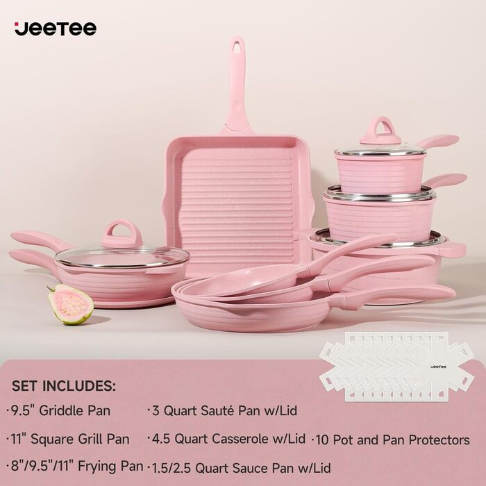 Набір посуду JEETEE 23 шт. з антипригарним гранітним покриттям, для всіх плит (індукція), з кришками, рожевий (ідеально як подарунок на новосілля)