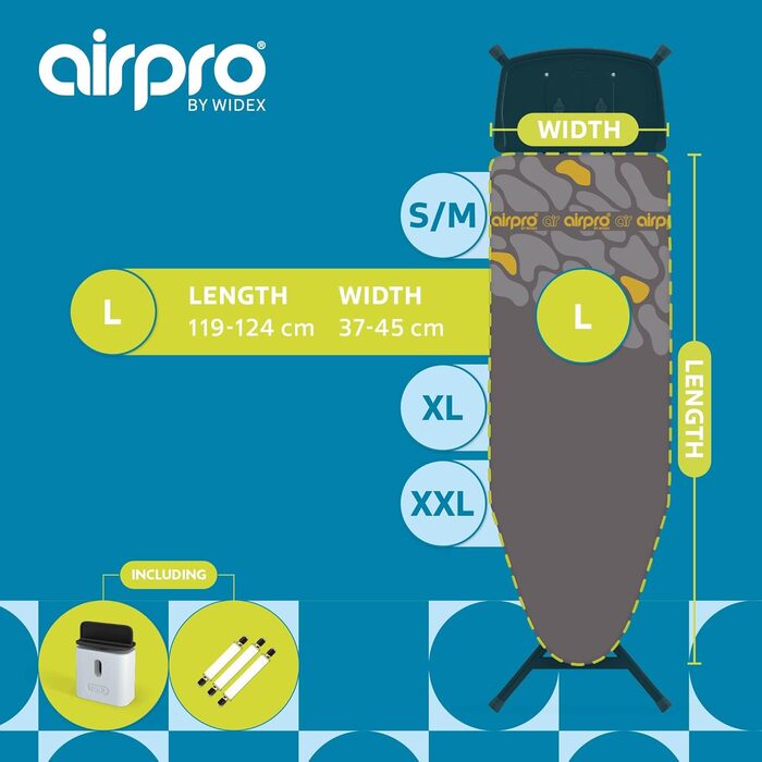 Бюгельний чохол Airpro від Widex для парової праски, розмір L, універсальний, 120x42 см - запобігає потраплянню води під прасувальну дошку, прасування на 50% швидше, Made in Europe