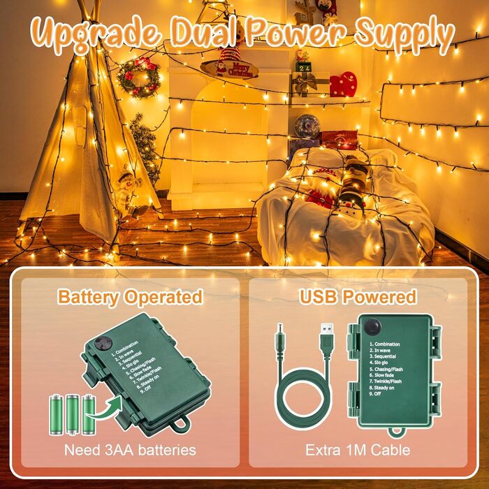 Гірлянда декоративна Halloween на батарейках/USB, 60 LED, 12м, таймер, вологостійка, тепле світло, для дому та саду