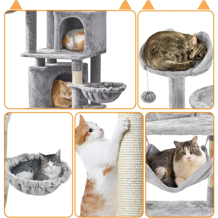 Кігтеточка Yaheetech XXL для котів, 175 см, для 3-4 котів, стабільна, з сизалевими стовпчиками, платформами, гамаком, м'ячиком, сірий колір