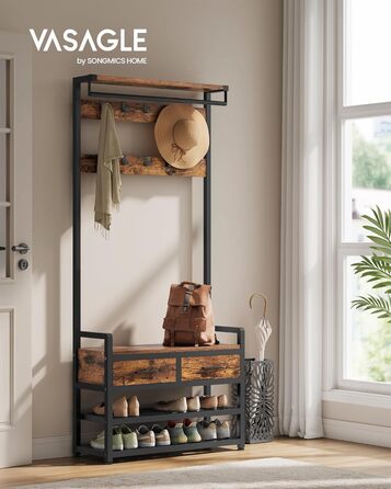 VASAGLE Coat Rack with Shoe Bench, Coat Rack, Shoe Storage, 2 Fabric Drawers, 10 Hooks, 6 Side Hooks, 30 x 80.4 x 181.6 cm, Vintage Brown-Ink Black HSR429B01