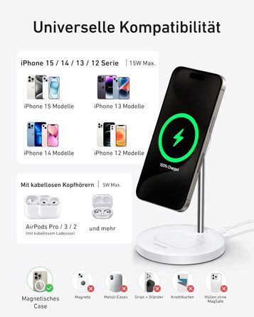 Anker MagGo 15W Magsafe зарядний пристрій: 2-в-1 індукційна станція, Qi2 бездротовий заряд для iPhone 16/15/14/13/12, AirPods Pro, з USB-C кабелем 1.5м, без адаптера живлення