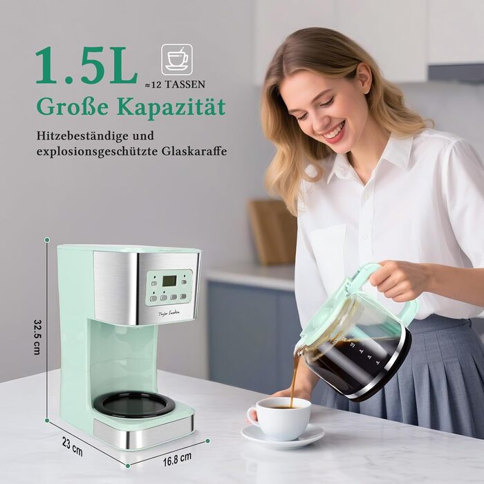 Кавомашина Taylor Swoden Darcy 950W з таймером, 1.5л, 12 чашок, автоматичне відключення, захист від протікання, багаторазовий фільтр, BPA-free, зелена