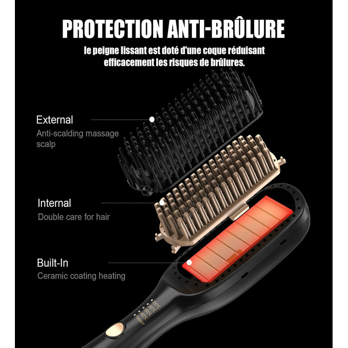 Професійний випрямляч для волосся – щітка-випрямляч, 4 температурні режими, 140°C–200°C, час нагріву 30 секунд, з іонізацією, підходить для всіх типів волосся (золотистий)