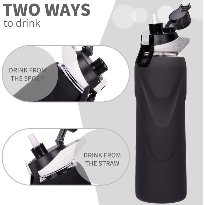 1 liter / 1l Drinking Bottle Glass with Straw, BPA-Free Glass Bottle with Silicone Sleeve, Borosilicate Glass Water Bottle (Deep Black)