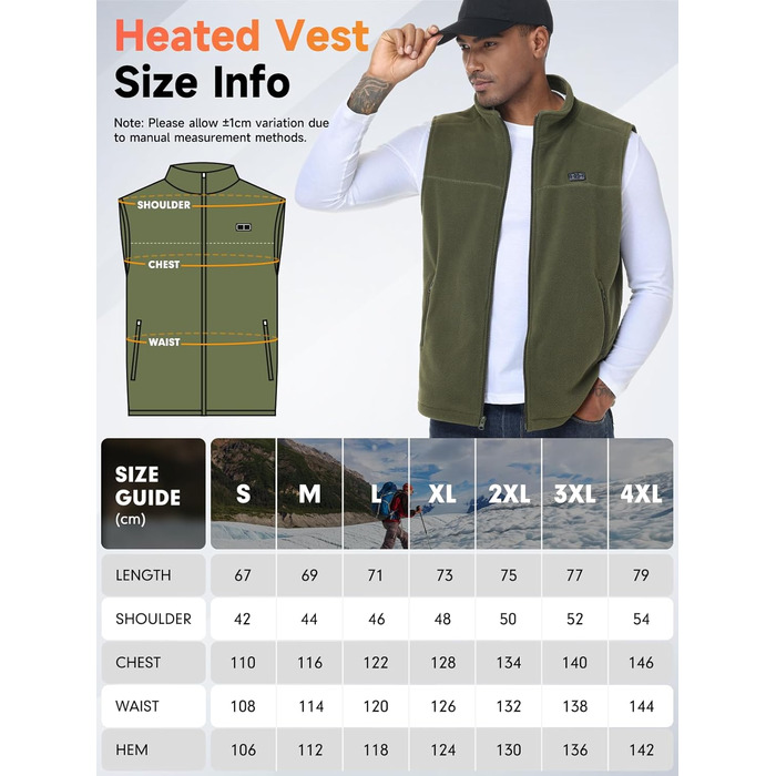 Обогріваючий жилет для чоловіків з акумулятором 10000mAh, 6 зон нагріву, USB, мікрофліс, регулювання температури, чорний (M)