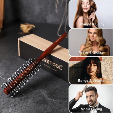 BESTOOL Кругла щітка для волосся для короткого та середнього волосся, професійна стилінг-щітка для чоловічої бороди, створення локонів та випрямлення (червоно-коричнева)