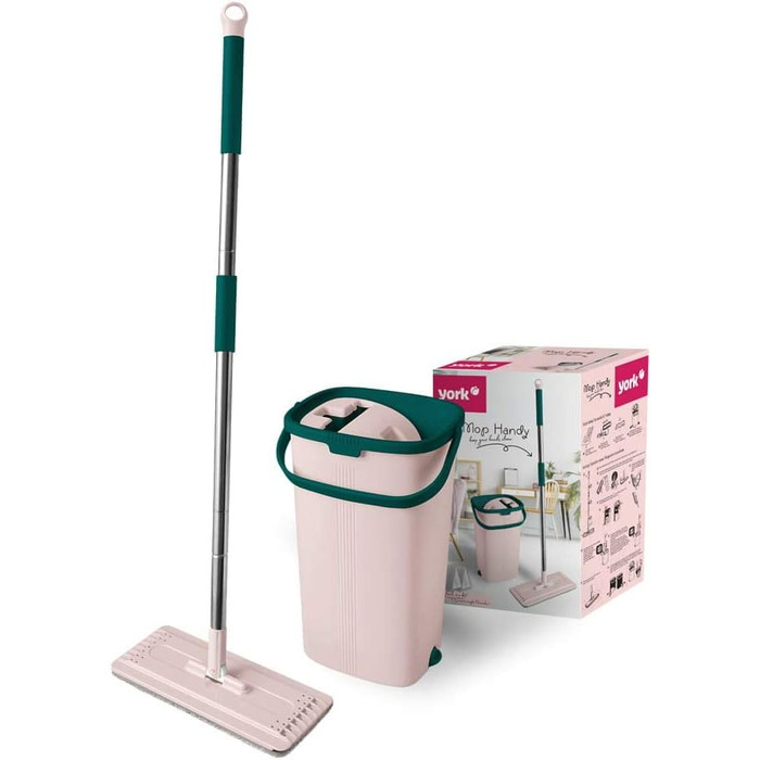 Набір для миття підлоги YORK Wischmopp: відро з віджимом, моп, 2 мікрофібрових насадки, рожево-зелений