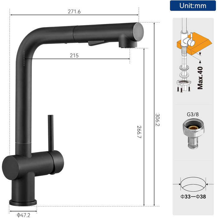 Кран кухонний CECIPA Hochdruck чорного кольору, висувна модель з душем, двома режимами струменя, поворотний на 360°, з нержавіючої сталі, ×207B (L-подібний, високий тиск)