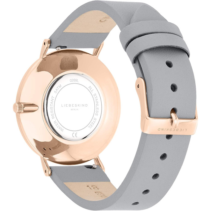 Годинник Liebeskind Berlin для жінок – 38 мм, круглий корпус – кварцовий годинник з шкіряним ремінцем – водостійкий 5ATM – для щоденного використання & стильний (Рожеве золото / Світло-сірий)