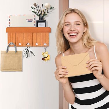 Дерев'яне ключниця з полицею, 5 гачків, для прихожей, кухні, спальні (колір: коричневий)