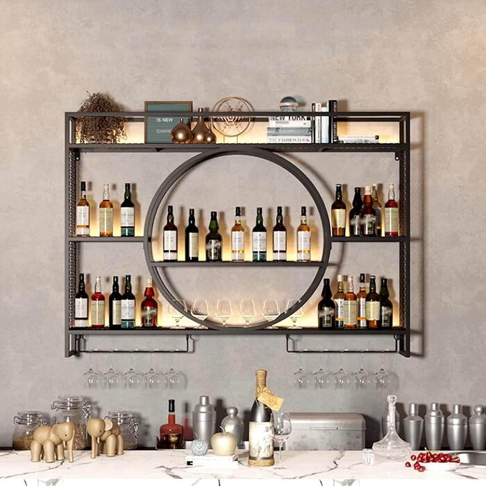 Стильна підвісна вітрина для вина на стіну, металева, велика місткість, для кухні, вітальні, бару (47.2 x 5.9 x 31.4 дюймів, Чорний)