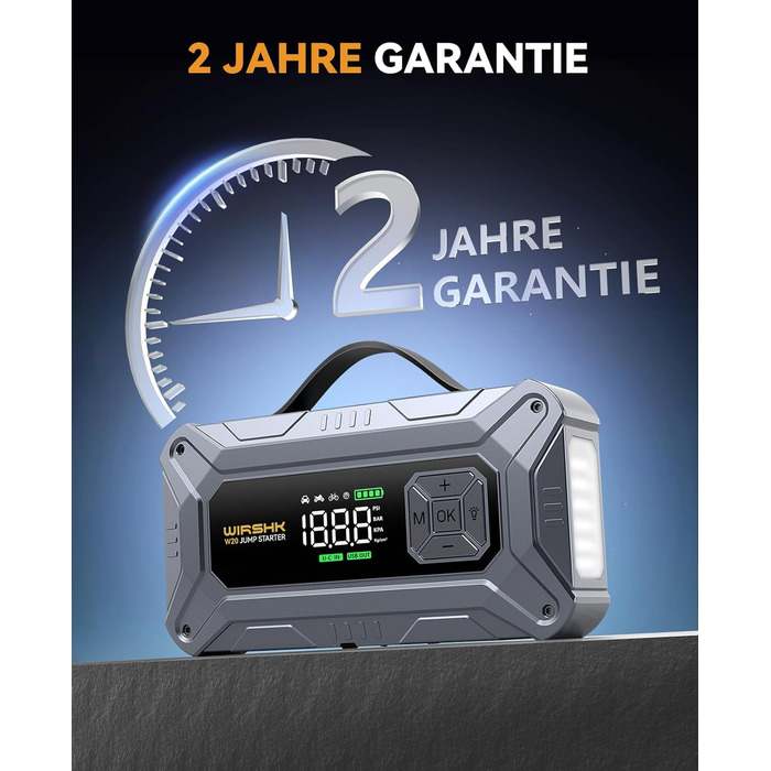 Портативний пусковий пристрій 8000A з повітряним компресором 160 PSI для бензинових та дизельних двигунів (до 10 л), з дисплеєм та аварійною світлодіодною лампою