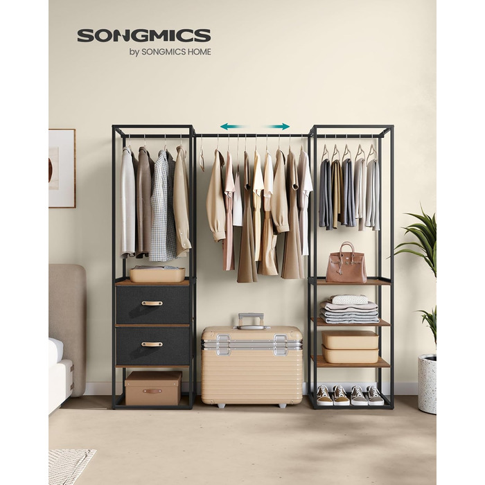 SONGMICS Clothes Rack, Open Wardrobe, Sturdy Coat Rack with 1 Extendable Rod, 2 Drawers, 4 Shelves, for Bedroom, Space-Saving, RGR003W67 (Vintage Brown)