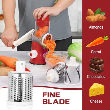 Ручна тертка для сиру та овочів Diealles Shine з 3 змінні леза з нержавіючої сталі, з кришкою, для сиру, овочів, горіхів, кабачків, моркви (червона)