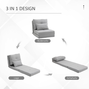 HOMCOM Floor Recliner 2-in-1 Folding Bed with Adjustable Backrest, Floor Sofa with Decorative Cushions, Floor Seating Cushion for Living Room, Bedroom, Linen, Grey | Aosom