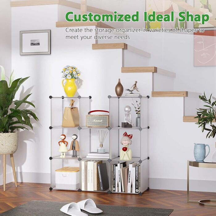 C&AHOME UPCS09M Dice Storage Organizer, 9-Cube Shelves, Closet Organizer, DIY, Plastic, Modular Bookshelf, Ideal for Bedroom, Living Room, Milky White (Transparent White)