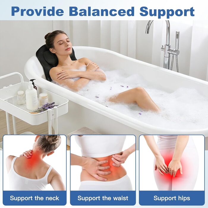 Подушка для ванни Ganz Körper (Чорна) з підголовником для підтримки шиї, спини та ніг. Товста ванна килимок з присосками та гачками.