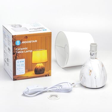 Настільна лампа Aigostar з кераміки, вінтажна модель з тканинним абажуром, патрон E14, макс. 40W, сучасна лампа для нічного столика, нічник для спальні, вітальні, офісу (без лампочки) - H235mm (білий золотий - H25.5cm)