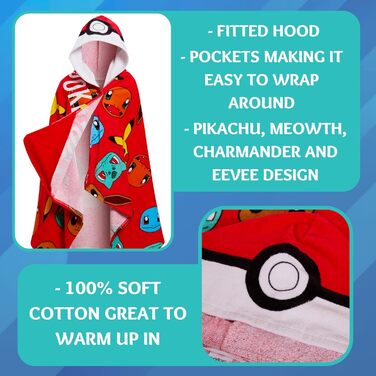 Pokemon Hooded Towel, 100% Cotton, Kids Poncho, Pokeball, Pikachu, Beach Towel, Bath Towel, Changing Towel, Wrap Towel