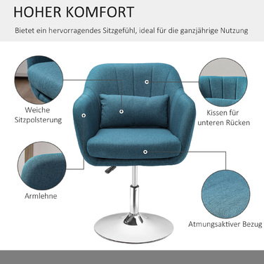 Крісло HOMCOM, крісло-релакс з підлокітниками, подушкою для попереку, м'яке крісло з металевим каркасом, з виглядом льону, регульоване по висоті, обертове крісло для спальні, вітальні, світло-блакитного кольору | Aosom