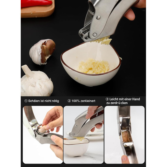 Преміум-прес для часнику з нержавіючої сталі EN 1.4301 – не потребує очищення, придатний для миття в посудомийній машині, інтегрований дизайн, легко чистити, 5 років гарантії