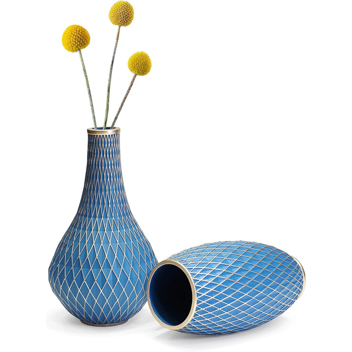 Декоративна ваза для дому, блакитно-золота, з діамантовим візерунком, овальна | Декор інтер'єру, подарунок на новосілля