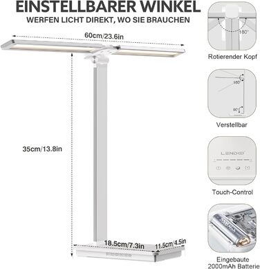 Лампа настільна LED LENDO з двома головками, регульована яскравість 700 люмен, 5 рівнів регулювання, 5 кольорових режимів, USB-порт для зарядки та вбудований акумулятор 2000mAh, для дітей, спальні, читання (срібна)