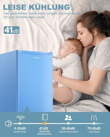 Upstreman 91L Міні-холодильник з функцією швидкого охолодження, 5 температурних режимів (1-8°C), енергоефективний, 41 дБ, компактний та місткий для студентського гуртожитку/офісу, BR321- (Блакитний)