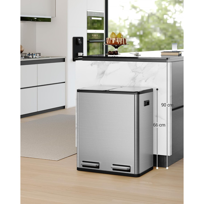 Відро для сміття з сортуванням 2 відділення 60 л (2 x 30 л), нержавіюча сталь, з педаллю, тихий закриття, з 15 пакетами, срібний SW06099E