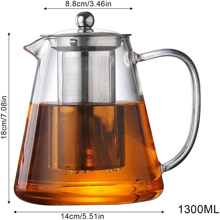 Скляний чайник для заварювання чаю з ситом та кришкою, термостійке боросилікатне скло, 1300 мл