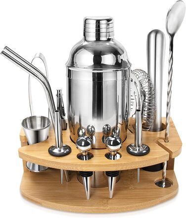 Cocktail Shaker Set, Stainless Steel Cocktail Set, 14-Piece Bartender Kit Bar Accessories, Cocktail Mixer Set with Wooden Stand, 750ML Cocktail Gift Set for Home or the Bar.