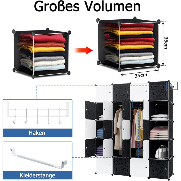 UISEBRT DIY Plastic Wardrobe System - Stackable Shelving Unit, Closet Organizer, Coat Rack, Shoe Rack, Plastic Boxes, Black with Pattern (20 Boxes with Door)