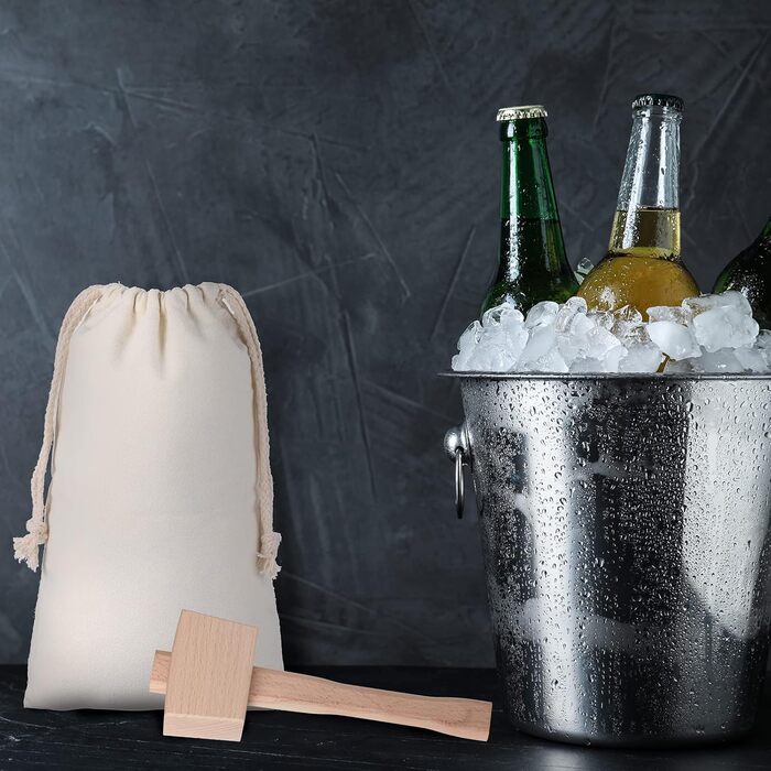 4-Piece Canvas Ice Scraper and Crusher Set with Stainless Steel Ice Pick with Safety Cover, Wooden Handle and Sheath, Wooden Ice Crusher Hammer for Crush Ice Tools Bartender Bar Kitchen Accessories