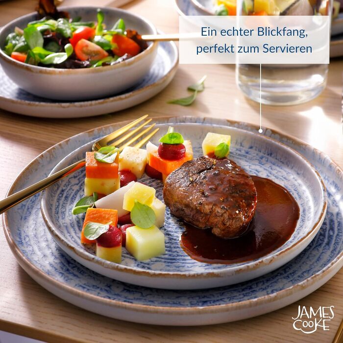 Набір посуду James Cooke Azure Vintage Steinzeug для 6 осіб (24 елементи) - біло-блакитний, з рельєфом, для миття в посудомийній машині, духовці та мікрохвильовій печі