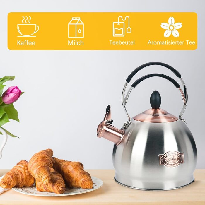 Кришка-свисток з нержавіючої сталі 2.6 л, сумісна з усіма типами плит, включаючи індукційну (срібна)