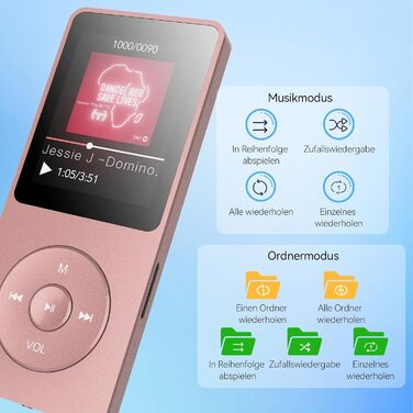 MP3 плеєр AGPTEK 64GB HiFi музичний плеєр з часом роботи до 70 годин, підтримка карт пам'яті до 128 ГБ, легкий та компактний, рожевий