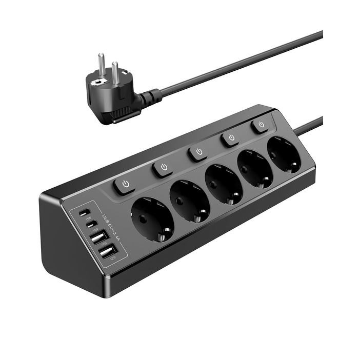 Розподільник розеток з незалежним вимикачем, мережевий фільтр з 4 USB (2 USB-C) + 5 розеток з дитячим захистом, 3680W, 2м подовжувач для кухні, офісу, дому (чорний) 5 розеток Чорний - Розподільник розеток
