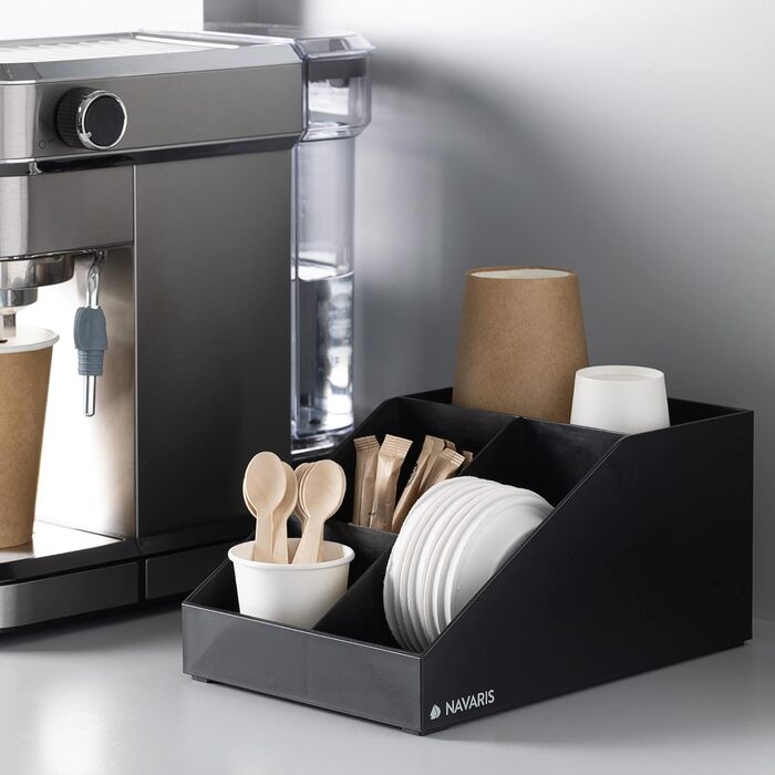Navaris Coffee Dispenser Organizer - Accessory Storage - Coffee Bar for sugar, milk, napkins, capsules - Coffee Station with 7 Compartments (4 compartments, Black)