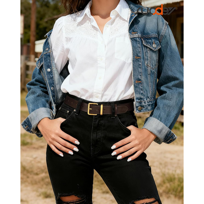 Жіночий шкіряний ремінь SUOSDEY вінтажний, для джинсів, штанів та суконь, золота/срібна пряжка, ширина 3.3 см (кава, 81-92 см)