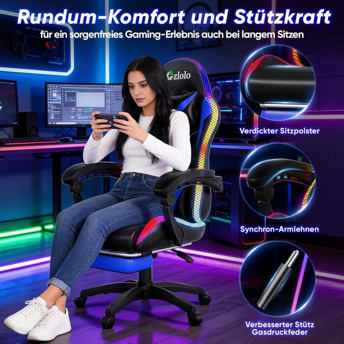 Геймерське крісло Czlolo RGB LED з підставкою для ніг, ергономічне офісне крісло для комп'ютера, блакитне (RGB-червоне)