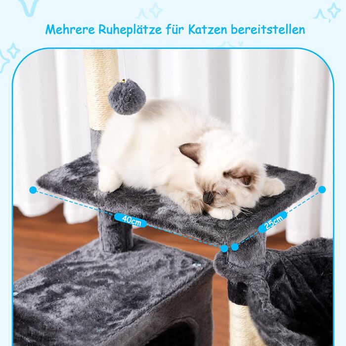 Котячий будиночок Hey-brother Kratzbaum 108 см, багатоярусний котячий комплекс з когтеточками, рампою, кошиком, будиночком та іграшкою-помпоном (димно-сірий), MPJ007SW