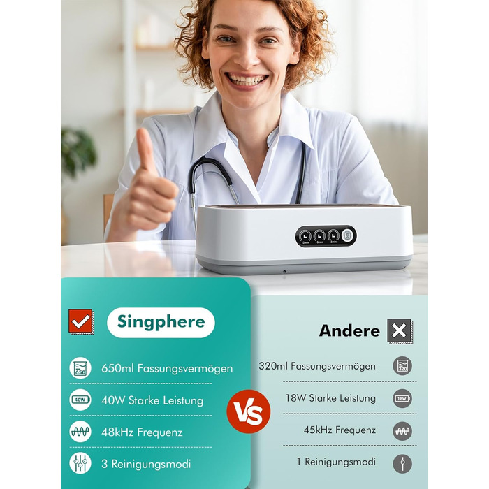 Ультразвукова мийка 650мл для глибокого очищення 360°, 48 кГц, One-Touch, для ювелірних виробів, скляного посуду, протезів