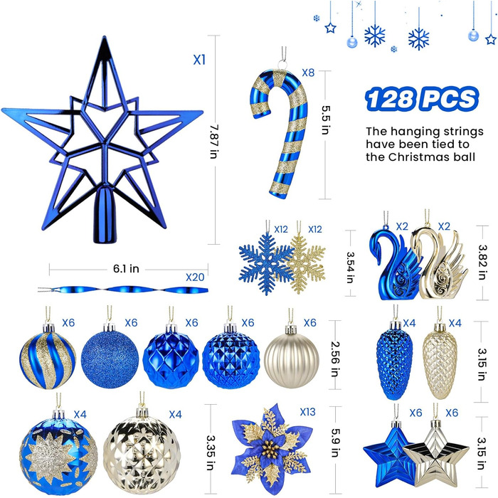 Набір прикрас на ялинку Alupssuc 128 шт: ялинкові кулі, квіти, стрічки, верхівка, гачки (чорний & золото, синій & золото)