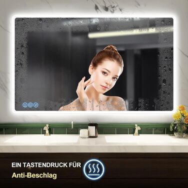Дзеркало для ванної кімнати з підсвічуванням 100x60 см, сенсорні кнопки, IP65, 3 режими кольору, функція пам'яті, HD скло, горизонтальне/вертикальне встановлення