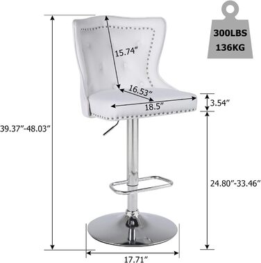 Modern Velvet Bar Stools 2-Pack - Adjustable Kitchen Counter Stools with Lion Paw Pulls - 360° Swivel, Black (White Option), 4-Pack Available