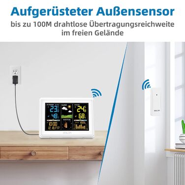 BALDR Weather Station Radio with Outdoor Sensor, Digital Color Display DCF Radio Clock Indoor and Outdoor Thermometer Hygrometer, Radio Weather Station with Weather Forecast, Barometer and Moon Phase, Power Adapter White - with white sensor