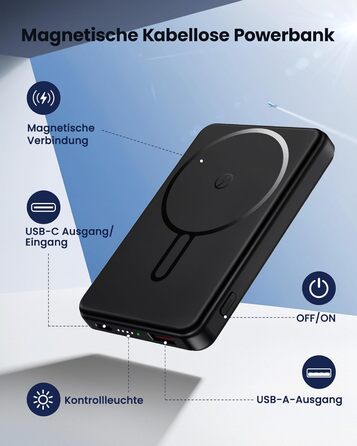 Power Bank 12000mAh з MagSafe, Магнітний Пауербанк Швидка Зарядка QC4.0 22,5W PD20W USB-C, Бездротовий Акумулятор для iPhone 16/15/14/13/12, Чорний