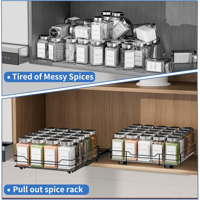 Висувна полиця для спецій у шафу, 2 яруси, регульована висота, чорний колір, органайзер для спецій, органайзер для кухні (22.2 x 26.4 x 5.6 см)