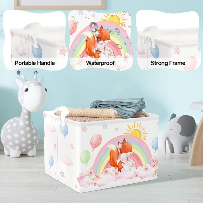 Дитячий кошик Clastyle 36L з ручками, прямокутний, рожевий, для іграшок та одягу, з малюнком лисички та кролика, органайзер для дитячої кімнати та ванної
